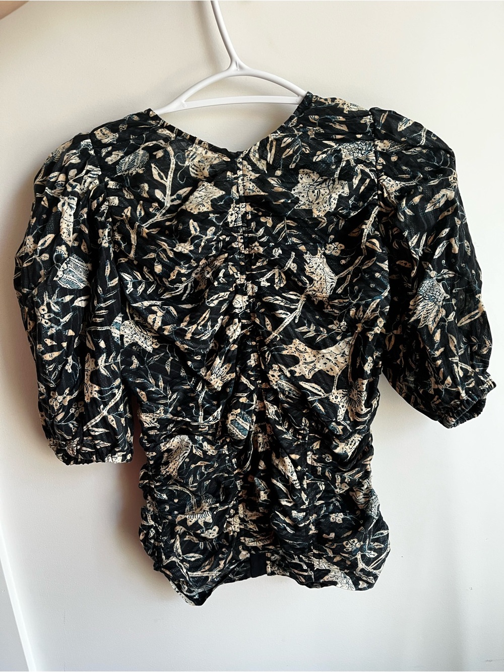 Ulla Johnson Black Floral Ruched Puff-Sleeve Blouse